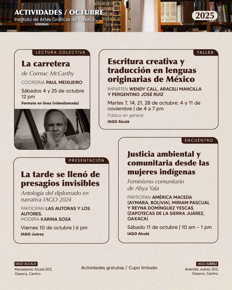 el_muromx's tweet photo. #CarteleraCultural | 📣
El @IAGO_mx te invita a sus #actividades de #Octubre 🖤 Para participar en los #talleres es necesario rellenar el siguiente #formulario 📋✒️
🔗https://t.co/7JcWGHL1f9 https://t.co/2zGbmBKC2k