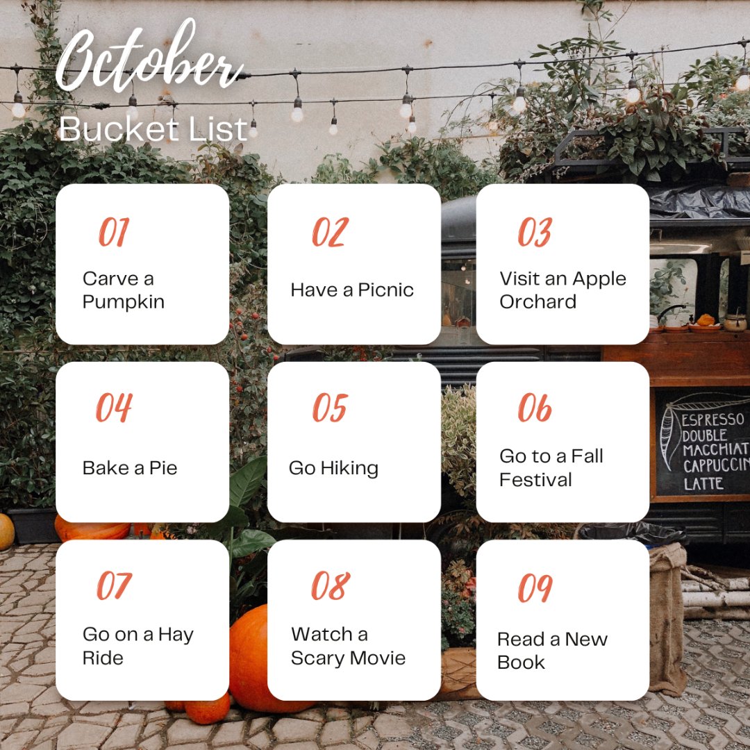 TheKeyIsNikii's tweet photo. What is on your October bucket list, and what have you already checked off? Comment below! ⬇️ 

#Fall #FallVibes #fallmood #fallbucketlist #fallthings #fallalready #fallfavorites #fallfavourites #fallisintheair #falllove https://t.co/nayqIE7M11
