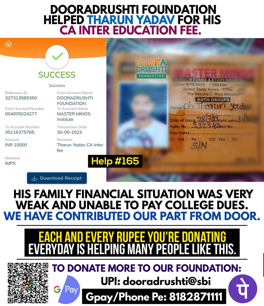 Help #165 post from <a href="/dooradrushti/">Dooradrushti Foundation</a> ❤️🤝

Spread our initiative of <a href="/DonateOnlyRupee/">Donate Only One Rupee</a> to more people and help us in helping more needy ones 😊 #Door_Helps #DonateOnlyOneRupee 👍