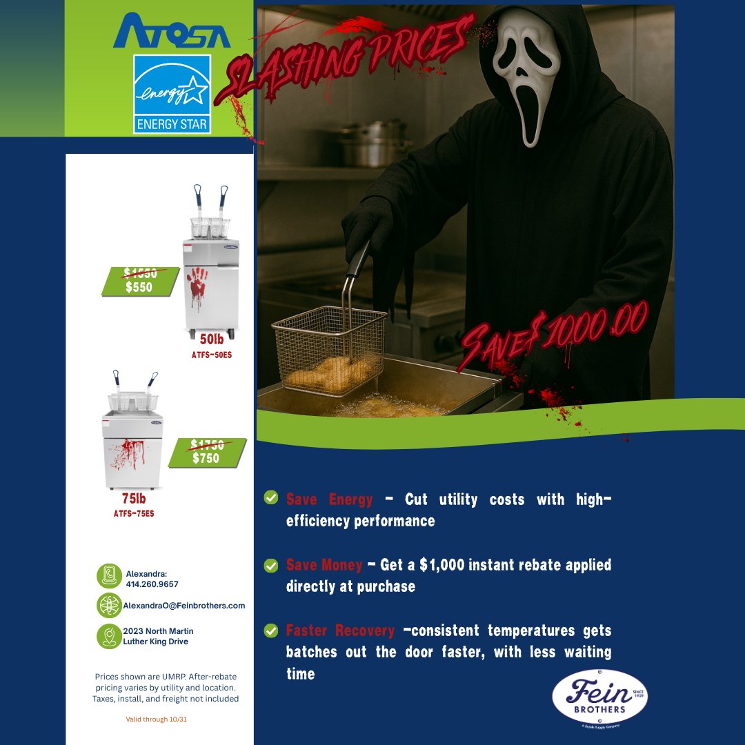Scary savings ahead! 👻
Be prepared to SCREAM about these instant savings on Energy Star fryers.  Call or stop in to be shocked at these deep cuts 🔪