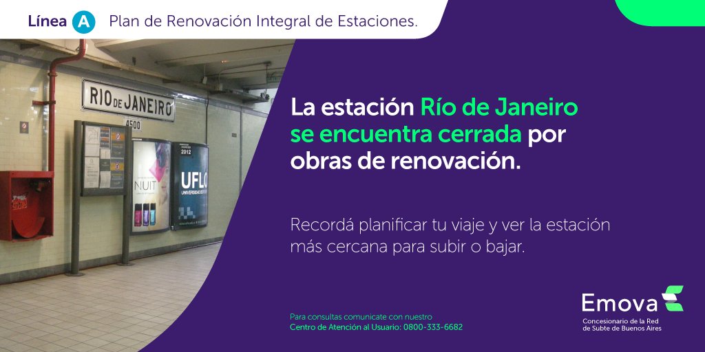 Emova_arg's tweet image. 🚨 ¡Atención usuarios!

📅 La estación Río de Janeiro de la #LíneaA se encuentra cerrada por obras de renovación.