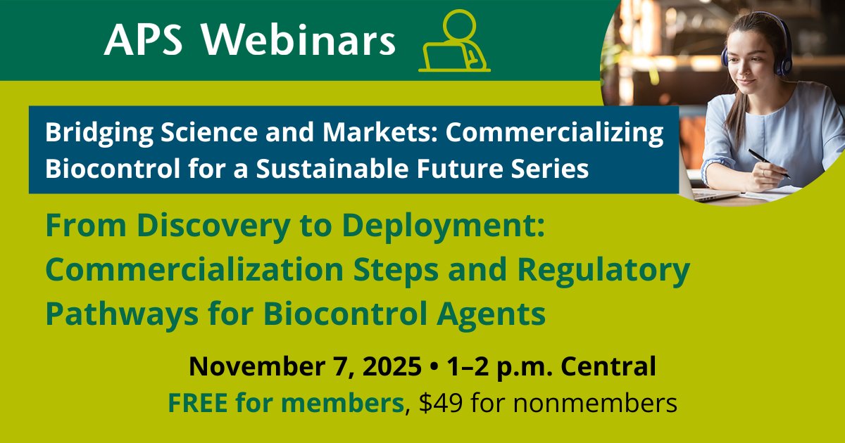 plantdisease's tweet image. New event! Register and explore the full commercialization journey of biocontrol agents in “​From Discovery to Deployment.” 

Don’t miss out:
Nov. 7 | 1:00 pm CT
FREE for APS members

Register: bit.ly/4qaSL8X

#apswebinar #plantpathology #biocontrol #agsolutions