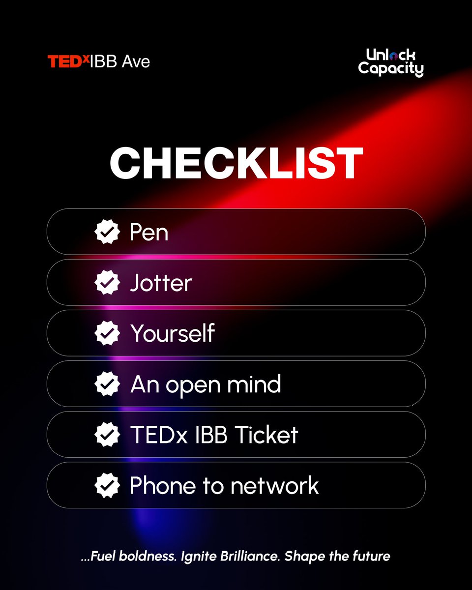 TEDxIBB's tweet photo. Here's your TEDxIBB Ave Checklist
Don't forget the six essentials to Unlock Capacity: your ticket, an open mind, and a phone to network.
Get ready to capture those brilliant ideas!
#TEDxIBBAve #UnlockCapacity #TEDx https://t.co/eRjcSPyVTK