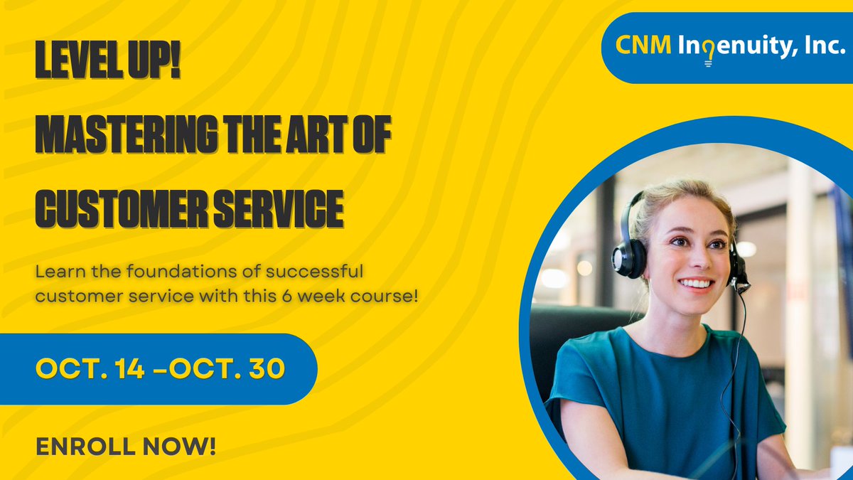 CNMIngenuity's tweet photo. Want to take your customer service skills to the next level? Enroll in our Mastering the Art of Customer Service course!

In this 6 class series, you will learn the foundations of successful customer service.

Funding is available! Enroll here: https://t.co/pePlyTyBpd https://t.co/RwTHqw8CAe