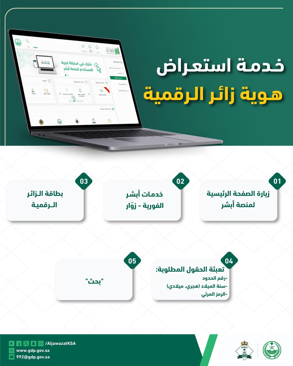 ghranchannel's tweet image. 🟢 #الجوازات_السعودية: 
خطوات خدمة استعراض هوية زائر الرقمية عبر منصة أبشر.