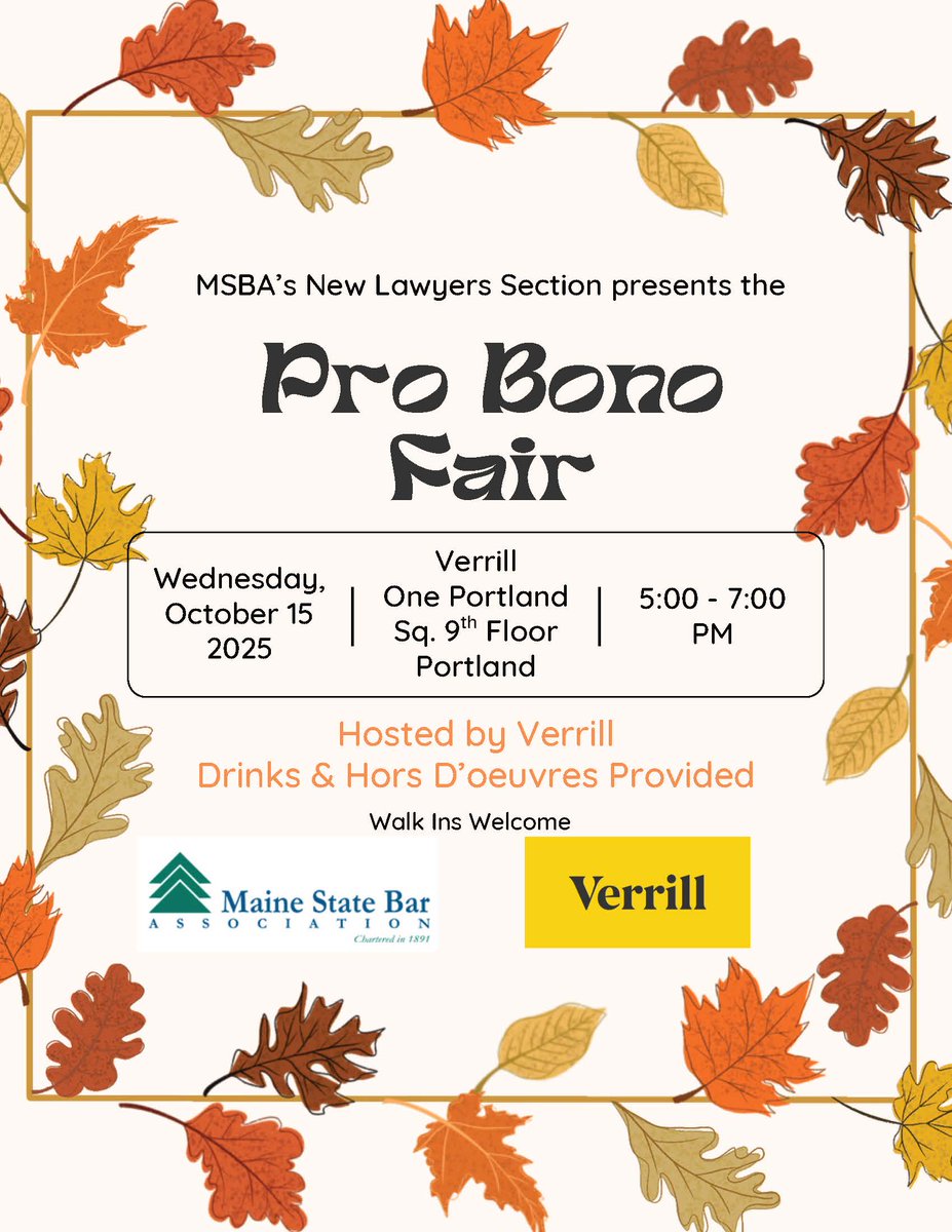 The MSBA's New Lawyers Section is hosting its annual Pro Bono Fair at Verrill on Oct. 15 at 5 p.m. Register here:  tinyurl.com/3r2vv9vp