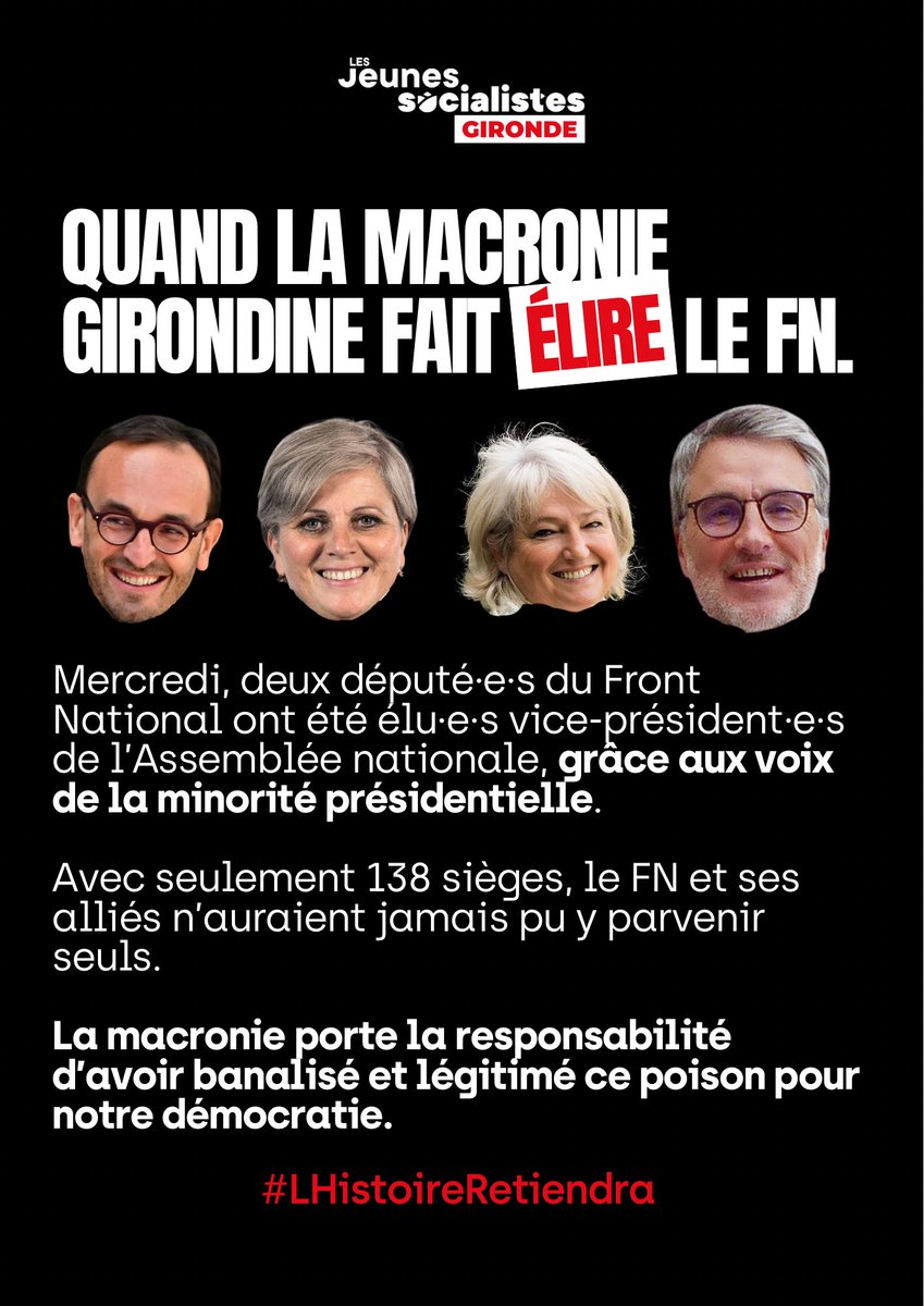 Les députés macronistes girondins portent la responsabilité d’avoir permis l’élection de 2 VP FN à l’Assemblée nationale.

Le FN n’est pas une force politique comme les autres : c’est une menace pour notre démocratie ! 👊

Restons mobilisés, ne banalisons jamais l’inacceptable !