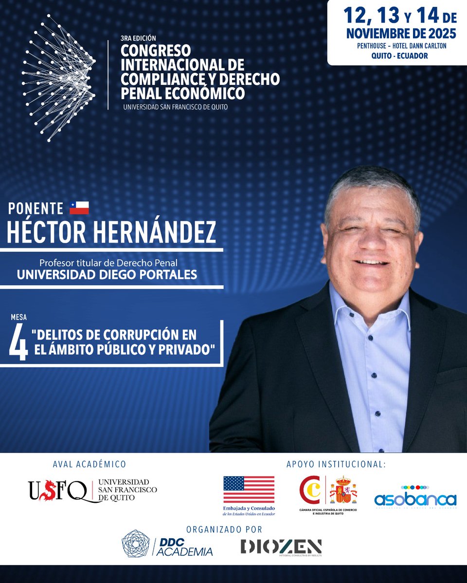🔵 #CODPE2025   
¡Panelista confirmado!
Hector Hernández, Profesor titular de Derecho Penal en la <a href="/udp_cl/">UDP</a> 

Mesa 4 "Delitos de corrupción el ámbito público y privado".       

🎓Certificado avalado por la <a href="/USFQ_Ecuador/">Universidad San Francisco de Quito</a> -<a href="/USFQ_Derecho/">Jurisprudencia USFQ</a> 

🔗Más info: ddcacademia.com/CODPE2025?code…