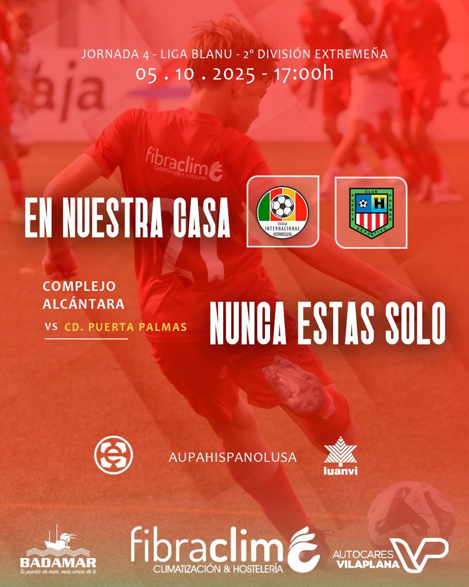 🏟 𝗘𝗡 𝗡𝗨𝗘𝗦𝗧𝗥𝗔 𝗖𝗔𝗦𝗔, 𝗡𝗨𝗡𝗖𝗔 𝗘𝗦𝗧𝗔𝗦 𝗦𝗢𝗟𝗢 🫂

🆚<a href="/cdpuertapalmas/">cdpuertapalmas</a>
🗓️ 05/10 · 18:00h
📍 Complejo Alcántara

#JuntosSomosHispanolusa
#AupaHispanolusa