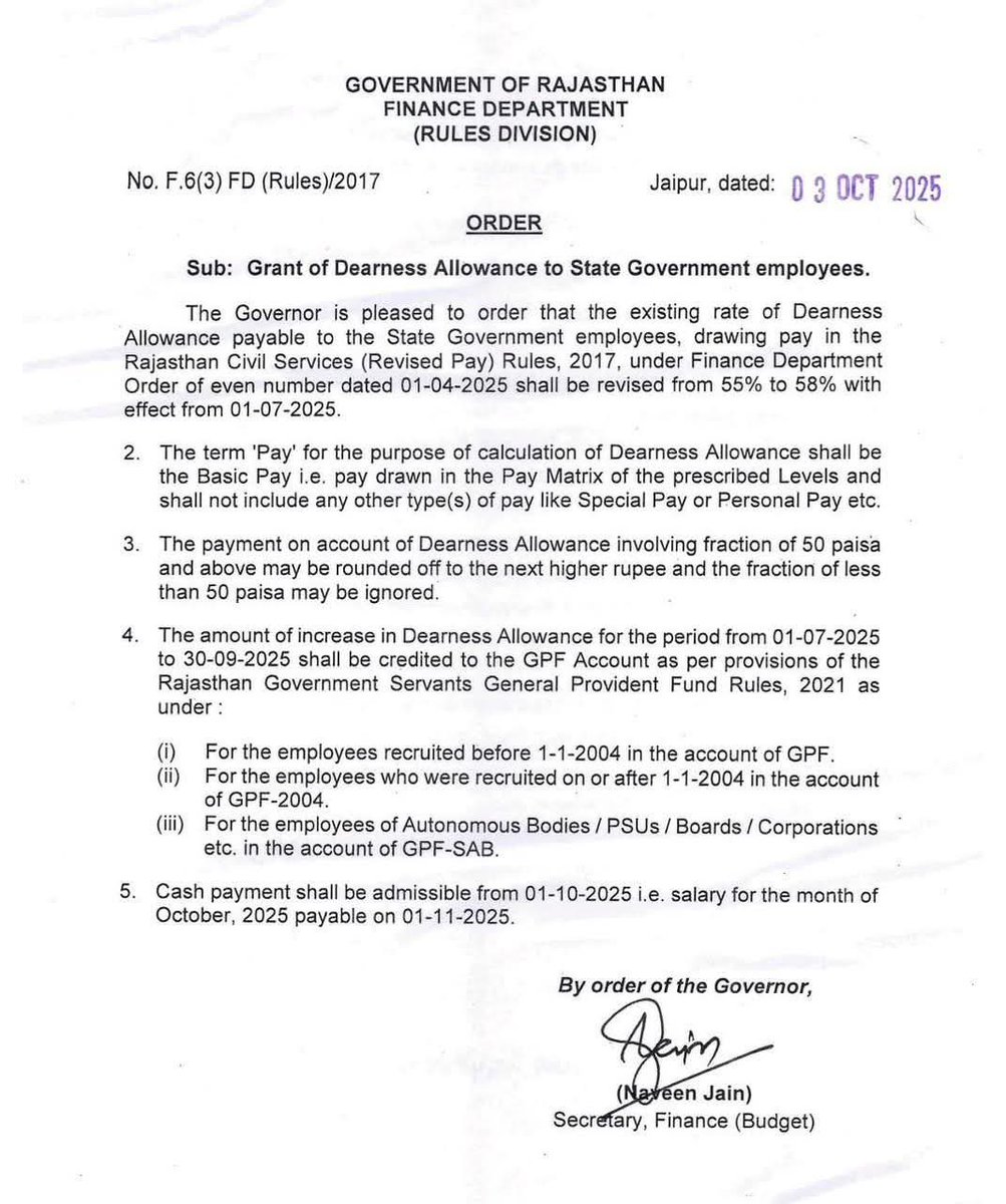 राज्य कर्मचारियों के महंगाई भत्ते (DA) में 03% की वृद्धि किए जाने से संबंधित वित्त विभाग का आदेश जारी।
55% से 58%
<a href="/elonmusk/">Elon Musk</a> <a href="/Kavimeena123/">Kavita Meena</a> <a href="/sushilakajla2/">Sushila kajla</a> <a href="/RajCMO/">CMO Rajasthan</a> <a href="/RajGovOfficial/">Government of Rajasthan</a>