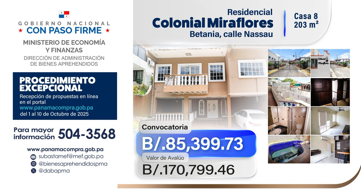 Venta por procedimiento excepcional de contratación en línea de una casa en el Residencial Colonial Miraflores [Betania].
 ✅203 m2 
 ✅Propuestas hasta el 10-octubre-2025 en el portal de PanamaCompra [sección V3].
✅ Acto No. 2025-0-16-01-08-CL-000900

Información: 504-3568