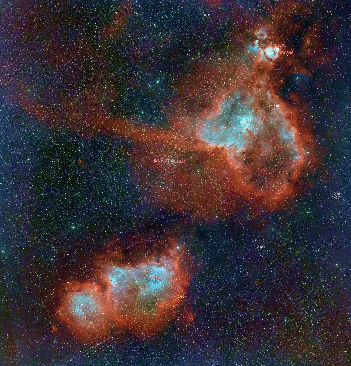 The Heart &amp; Soul Nebulae

Captured with my dual-rig setup using the ASI533MM + ASI533MC on a Samyang 135mm lens. Bortle Sky 6 Integration time: 2h RGB + 3h OIII (Ha &amp; SII still to come!)!  #heartandsoul #heart&amp;soul #ic1805nebula