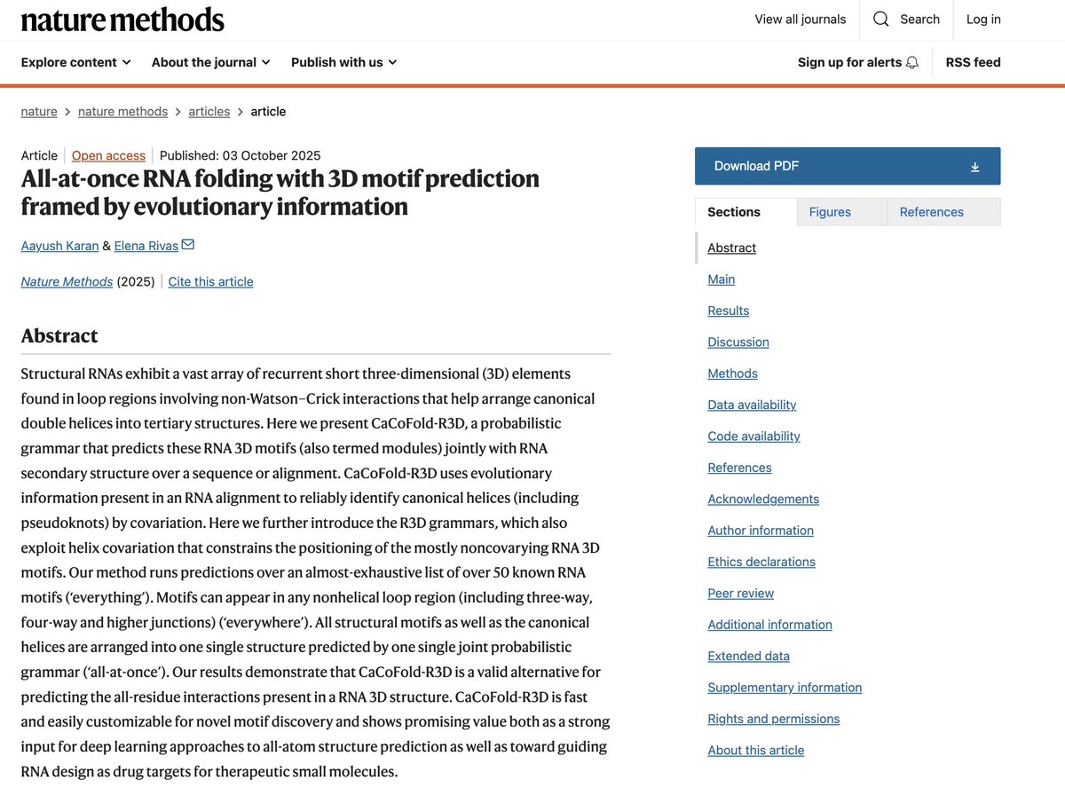 aakaran31's tweet image. Excited to announce that our paper on algorithmic RNA structure prediction is finally out in @naturemethods! 🥳

Our method predicts a near exhaustive set of key recurrent 3D configurations (everything), at any location (everywhere), in a fully end-to-end manner over multiple…