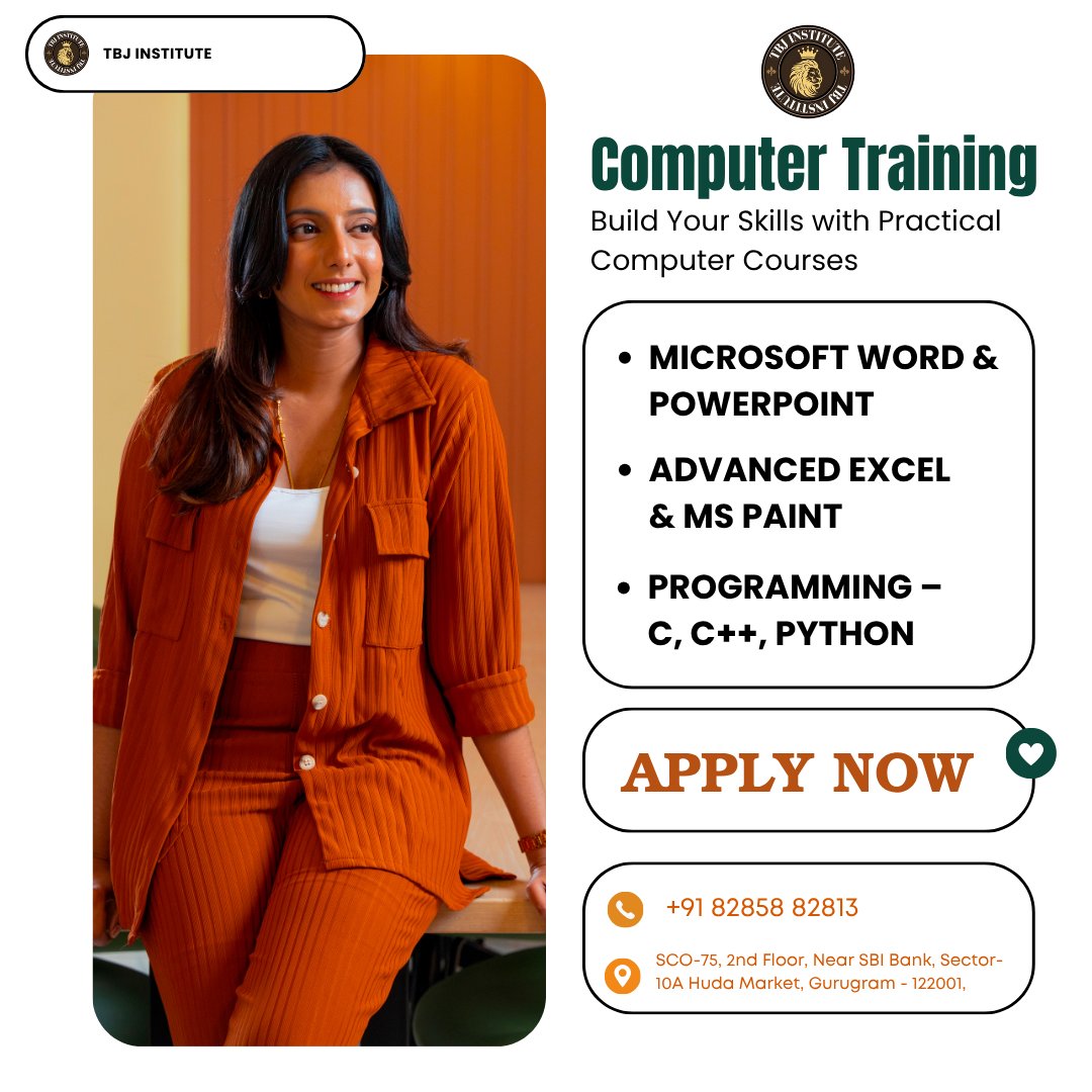 Tbj_Institute05's tweet image. #ComputerTraining #MSOffice #AdvancedExcel #MSWord #PowerPoint #MSPaint #Programming #CProgramming #CPlusPlus #PythonTraining #JobReadySkills #LearnCoding #ComputerCourses 

Phone: +91 82858 82813, +91 89013 68046
📍 SCO-75, 2nd Floor, Near SBI Bank, Sector-10A, Huda Market