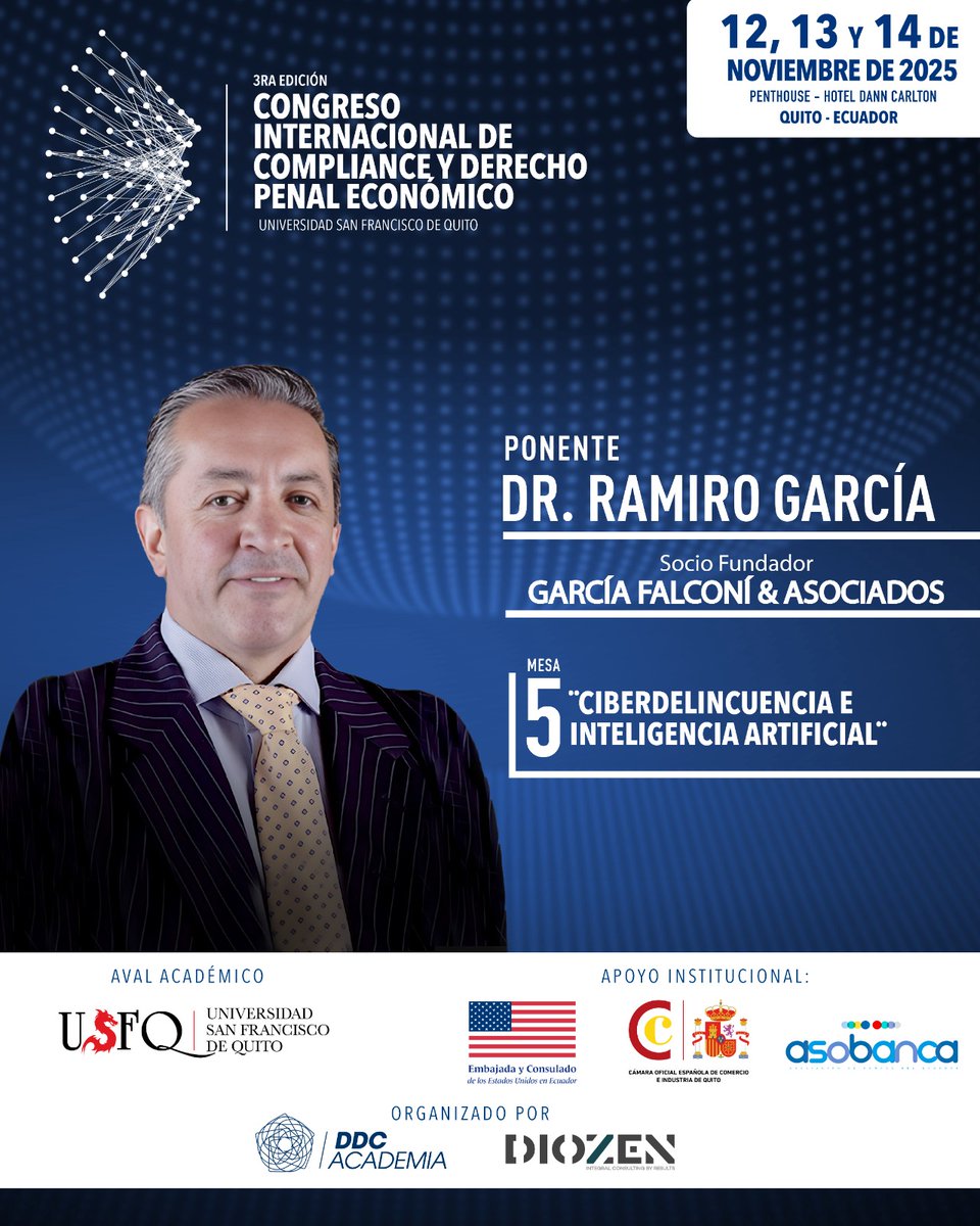 🔵 #CODPE2025   
¡Panelista confirmado!
<a href="/ramirogarciaf/">𝐑𝐚𝐦𝐢𝐫𝐨 𝐆𝐚𝐫𝐜í𝐚 𝐅</a> , Socio fundador de García Falconí &amp; Asociados

Mesa 5 "Ciberdelincuencia  e inteligencia artificial".       

🎓Certificado avalado por la <a href="/USFQ_Ecuador/">Universidad San Francisco de Quito</a> - <a href="/USFQ_Derecho/">Jurisprudencia USFQ</a> 

🔗 ddcacademia.com/CODPE2025?code…