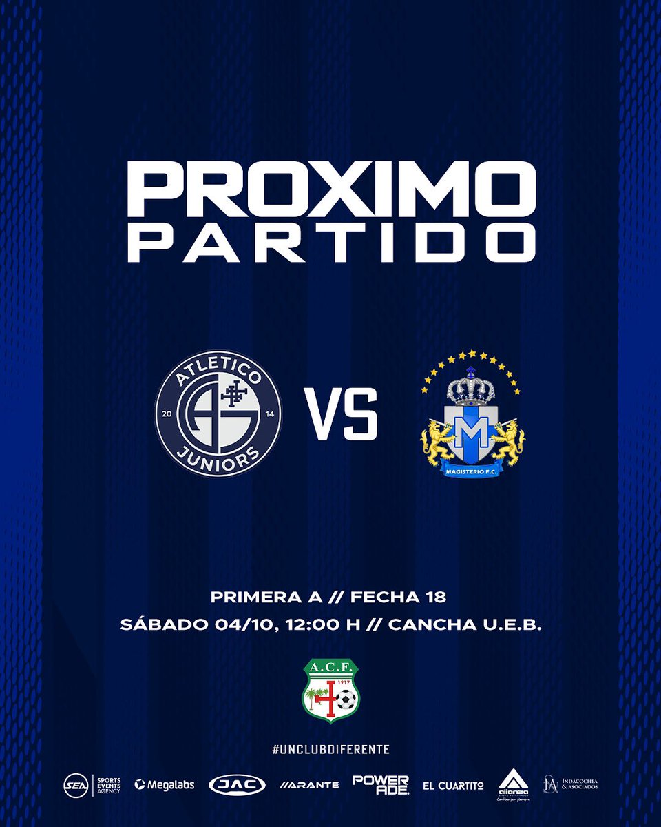 ClubAtleticoJrs's tweet photo. ¡𝗣𝗿ó𝘅𝗶𝗺𝗼 𝗣𝗮𝗿𝘁𝗶𝗱𝗼! 🔜⚽️🔵⚪️

🏆 Primera A | Fecha 18
🆚 Magisterio FC 
🗓️ Sábado 4 de octubre 
⌚️ 12:00 Hrs. 
🏟️ Cancha U.E.B. 

#AtléticoJuniors 
#UnClubDiferente
#CuadroEmpresarial https://t.co/AbmcdfPqqx