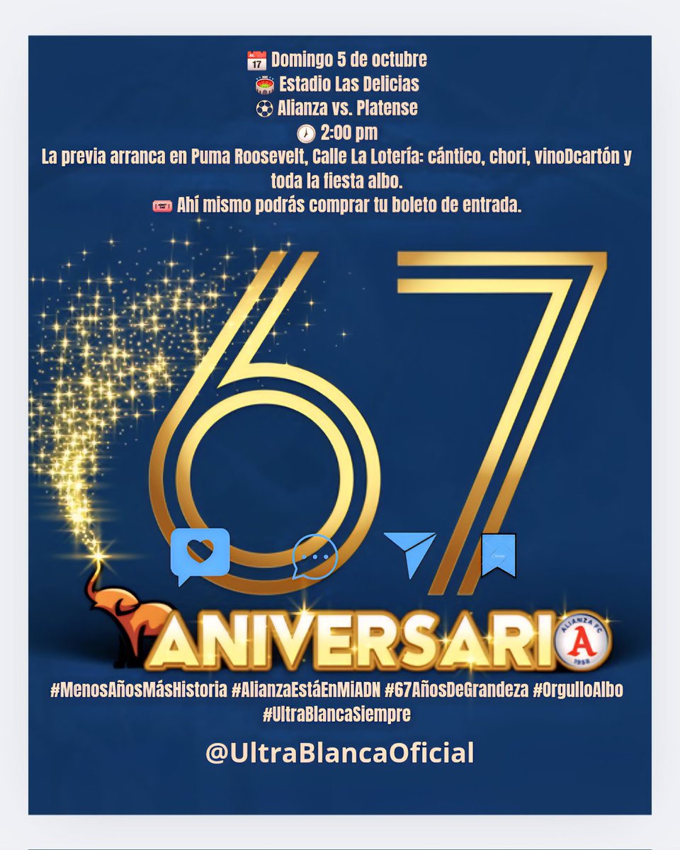 UltraBlancaOfic's tweet photo. 📅 Domingo 5 de octubre
🕖 2:00 pm

🔥 La previa arranca en Puma Roosevelt, Calle La Lotería: cántico, chori, vinoDcartón y toda la fiesta albo.
🎟️ Ahí mismo podrás comprar tu boleto de entrada.

#MenosAñosMásHistoria #AlianzaEstáEnMiADN #67AñosDeGrandeza  #UltraBlancaSiempre https://t.co/XsoSu63Z0Y