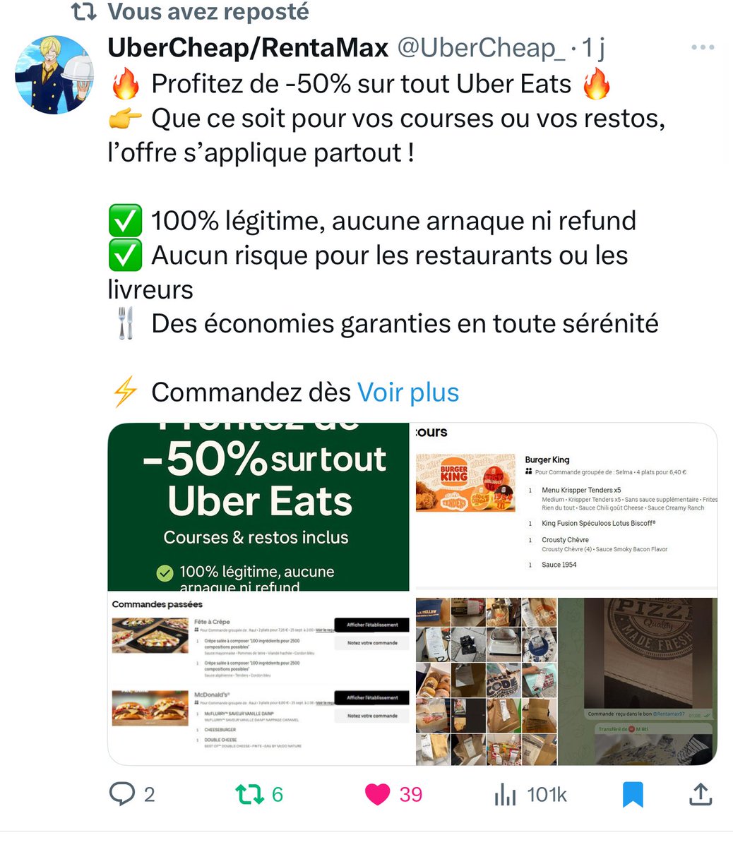 UberCheap_'s tweet image. 🔥 Profitez de -50% sur tout Uber Eats 🔥
👉 Que ce soit pour vos courses ou vos restos, l’offre s’applique partout !
✅ 100% légitime, aucune arnaque ni refund
✅ Aucun risque pour les restaurants ou les livreurs
🍴 Des économies garanties en toute sérénité
⚡ Commandez dès…
