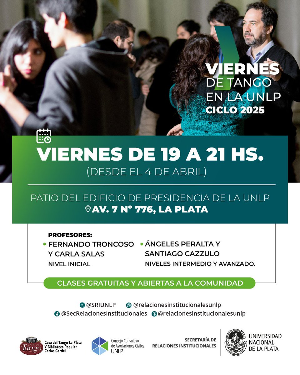 #ViernesDeTango | Hoy, como cada viernes a las 19 hs., no te pierdas las clases y práctica libre de Tango en la <a href="/unlp/">UNLP</a>.
🔷️ La actividad es gratuita y abierta a la comunidad.
🏛 Patio del edificio de Presidencia - Av. 7 entre 47 y 48, La Plata.
¡Sumate! 💙🙌