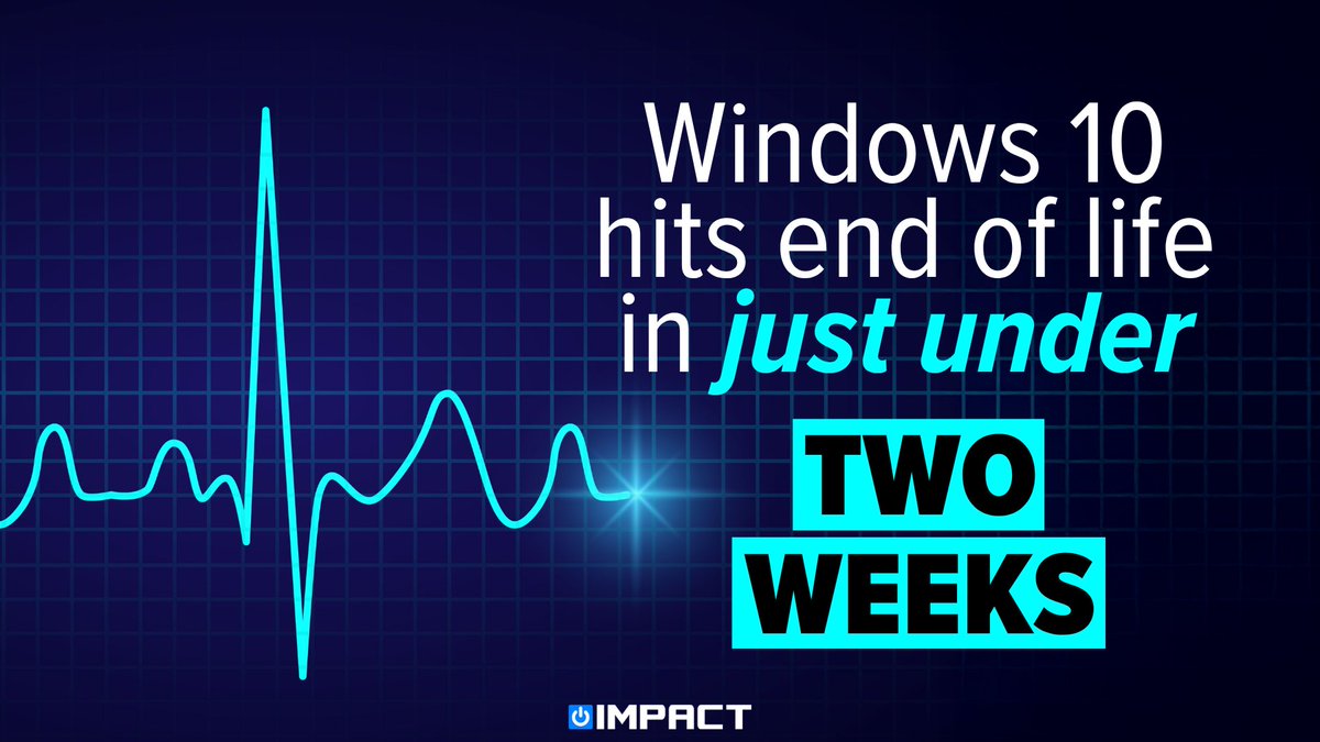 ImpactTG's tweet photo. Windows 10 reaches end of life in just over TWO WEEKS. That means no more updates, support or protection. This is what you need to do TODAY…  https://t.co/ZdlGDG5gSt 

#Windows10 #Cybersecurity #Microsoft #impacttg #MakingITHappen https://t.co/bto4XG1CGl