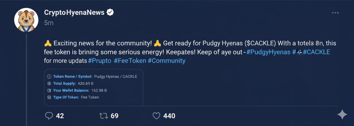 loadedhyenas1's tweet photo. 📢 Exciting news for the community! 📢
​Get ready for Pudgy Hyenas ($CACKLE)! With a total supply of 420.69 Billion, this fee token is bringing some serious energy! Keep an eye out for more updates!
​#PudgyHyenas #CACKLE #Crypto #FeeToken #Community @cronosapp @dxsale @PUUSHDABUTTON  
🔗Join Telegram Group fro whitelist [https://t.co/cZRnxmY88f]
