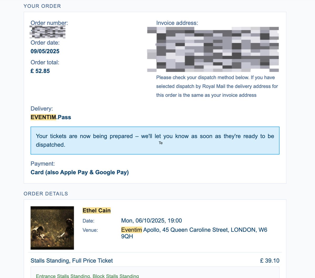 Hey! I've got an extra ticket for Ethel Cain in London on 6th October that I can't use. Letting it go for face value (happy to negotiate a little if needed).
I'll be selling it safely through Fansale, the official resale site. I can also provide any verification you'd like