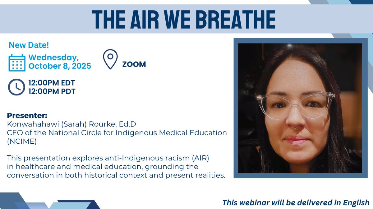 Have you registered for our webinar taking place next week, ‘The AIR we Breathe’ with Konwahahawi (Sarah) Rourke, Ed.D, CEO of NCIME? If not there is still time to do so via our website! came-acem.ca/professional-d…