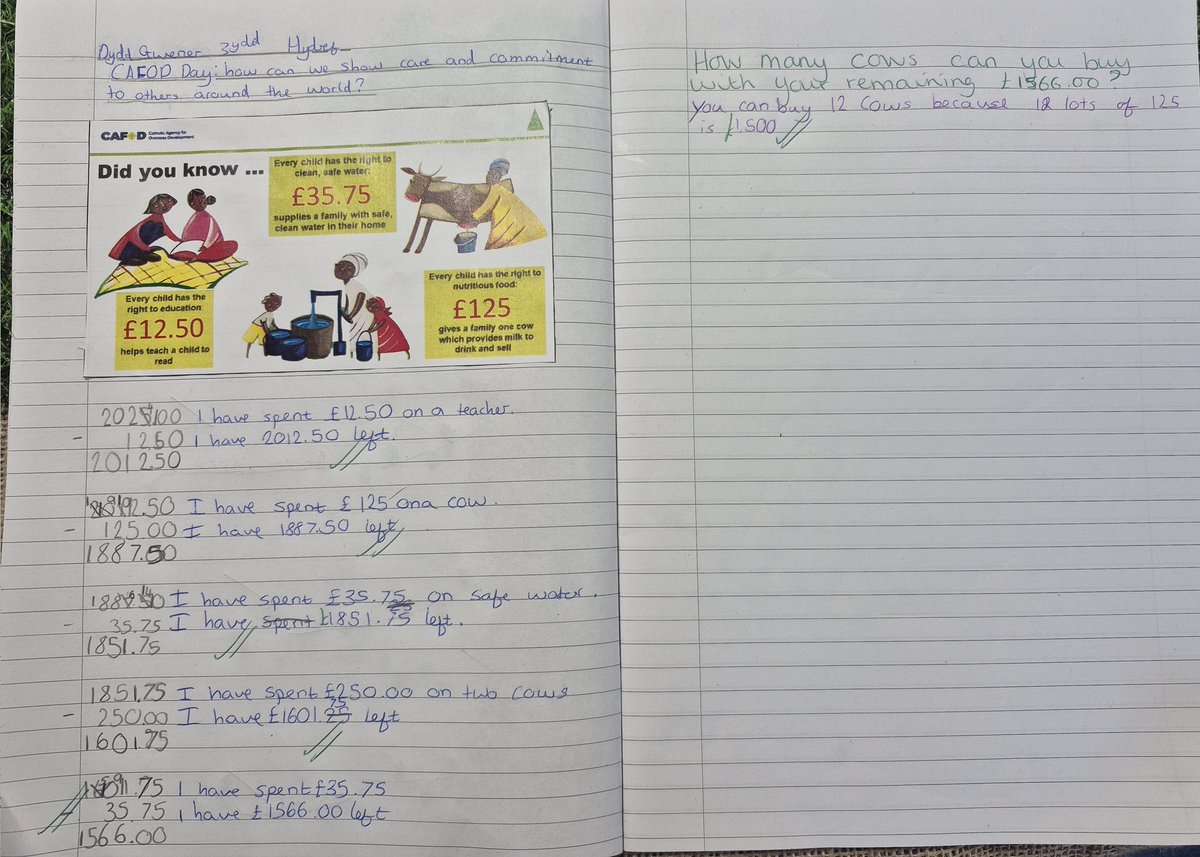 marys_rc's tweet photo. Some fantastic work this afternoon in Blwyddyn 6 linked to our CAFOD day - we used our maths skills to calculate what we could buy CAFOD with ยฃ2025. Amazing subtraction and cross curricular skills. #bcaRE #bcanumeracy @CAFODSchools https://t.co/Ldqmn1XrJw