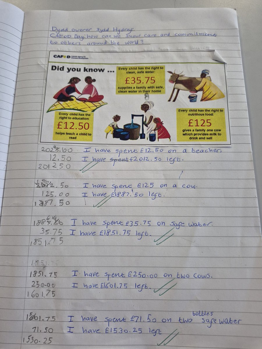 marys_rc's tweet photo. Some fantastic work this afternoon in Blwyddyn 6 linked to our CAFOD day - we used our maths skills to calculate what we could buy CAFOD with ยฃ2025. Amazing subtraction and cross curricular skills. #bcaRE #bcanumeracy @CAFODSchools https://t.co/Ldqmn1XrJw