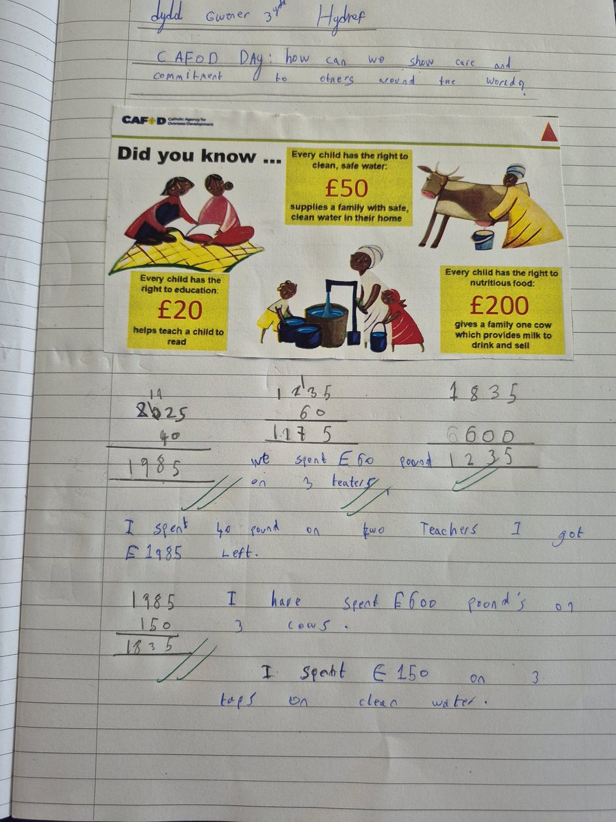 marys_rc's tweet photo. Some fantastic work this afternoon in Blwyddyn 6 linked to our CAFOD day - we used our maths skills to calculate what we could buy CAFOD with ยฃ2025. Amazing subtraction and cross curricular skills. #bcaRE #bcanumeracy @CAFODSchools https://t.co/Ldqmn1XrJw