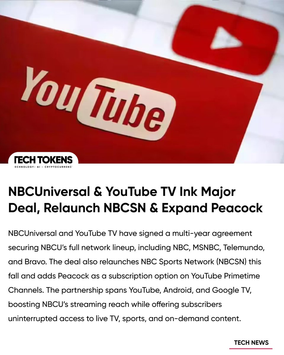 Techtoken_in's tweet image. NBCUniversal deepens its streaming footprint with Peacock joining YouTube Primetime Channels and NBCSN making a comeback on YouTube TV. This move blends traditional TV with digital reach, ensuring seamless access across platforms like Android, Google TV, and YouTube.…