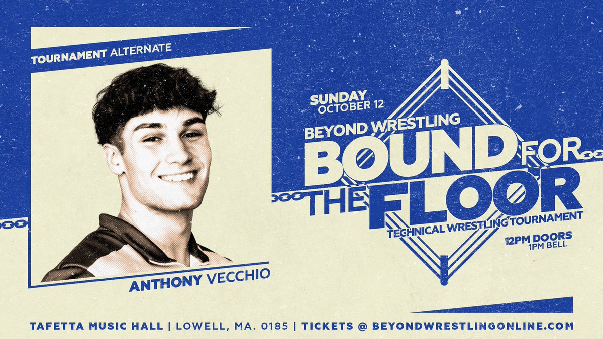 beyondwrestling's tweet image. In the event of injury or cancellation, four alternates have been named for the &quot;Bound For The Floor&quot; technical wrestling tournament next Sunday afternoon, 10/12 in Lowell, MA!

Tickets: beyondwrestlingonline.com/lowell

- @itzaaron58
- @alternative_ag
- @_anthonyvecchio
- @ChanThomasPro