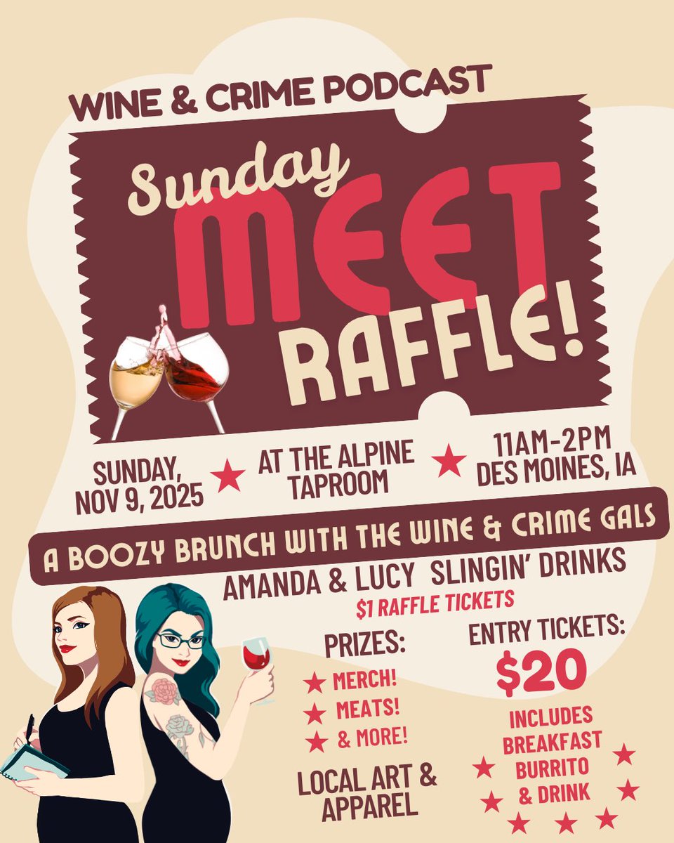 Join Lucy &amp; Amanda for a Wine &amp; Crime Weekend in Des Moines!! The festivities begin w/ Wine &amp; Crime LIVE at the Chandelier on SATURDAY, Nov 8, 2025, followed by a boozy brunch party at the Alpine Taproom on Sunday, Nov 9, 2025
wineandcrimepodcast.bigcartel.com/product/des-mo…

wineandcrimepodcast.bigcartel.com/product/sunday…