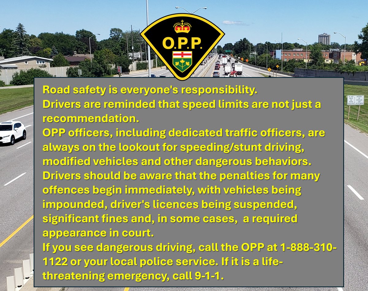 OPP_ER's tweet image. Road safety is everyone's responsibility.

Drivers are reminded that speed limits are not just a recommendation.

OPP officers, including dedicated traffic officers, are always on the lookout for speeding/stunt driving, modified vehicles and other dangerous behaviors.

Drivers…