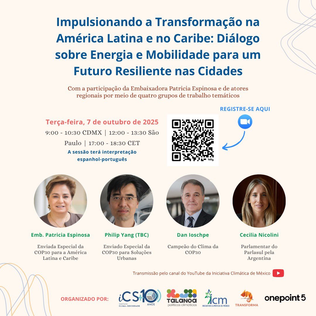 🌎 Este martes 7/10, acompáñanos al 2º diálogo con nuestra CEO, Patricia Espinosa, sobre la #COP30.

🗣 Tema: Energía y movilidad para un futuro resiliente en ciudades

🕘 9:00 CDMX | 📍 Online

🔗 Regístrate: bit.ly/Dialogo2COP30