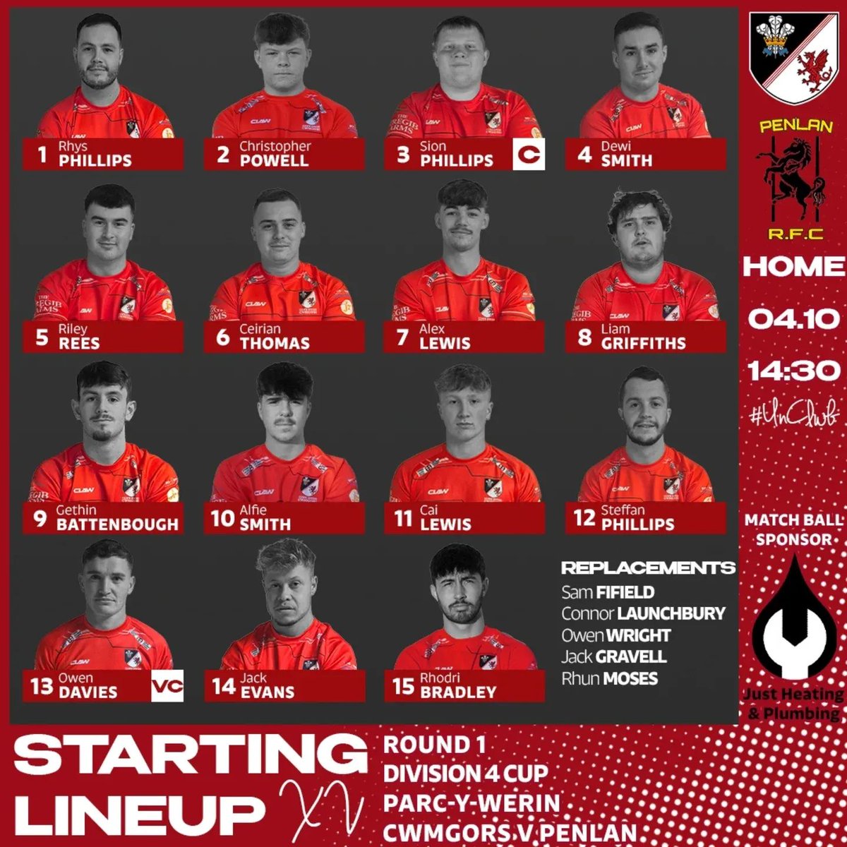 Tomorrow's Cherries for the first round of the Division 4 Cup 🍒🏆

©️ Sion Phillips
𝙑𝘾 Owen Davies
3️⃣ changes on the bench

#UnClwb