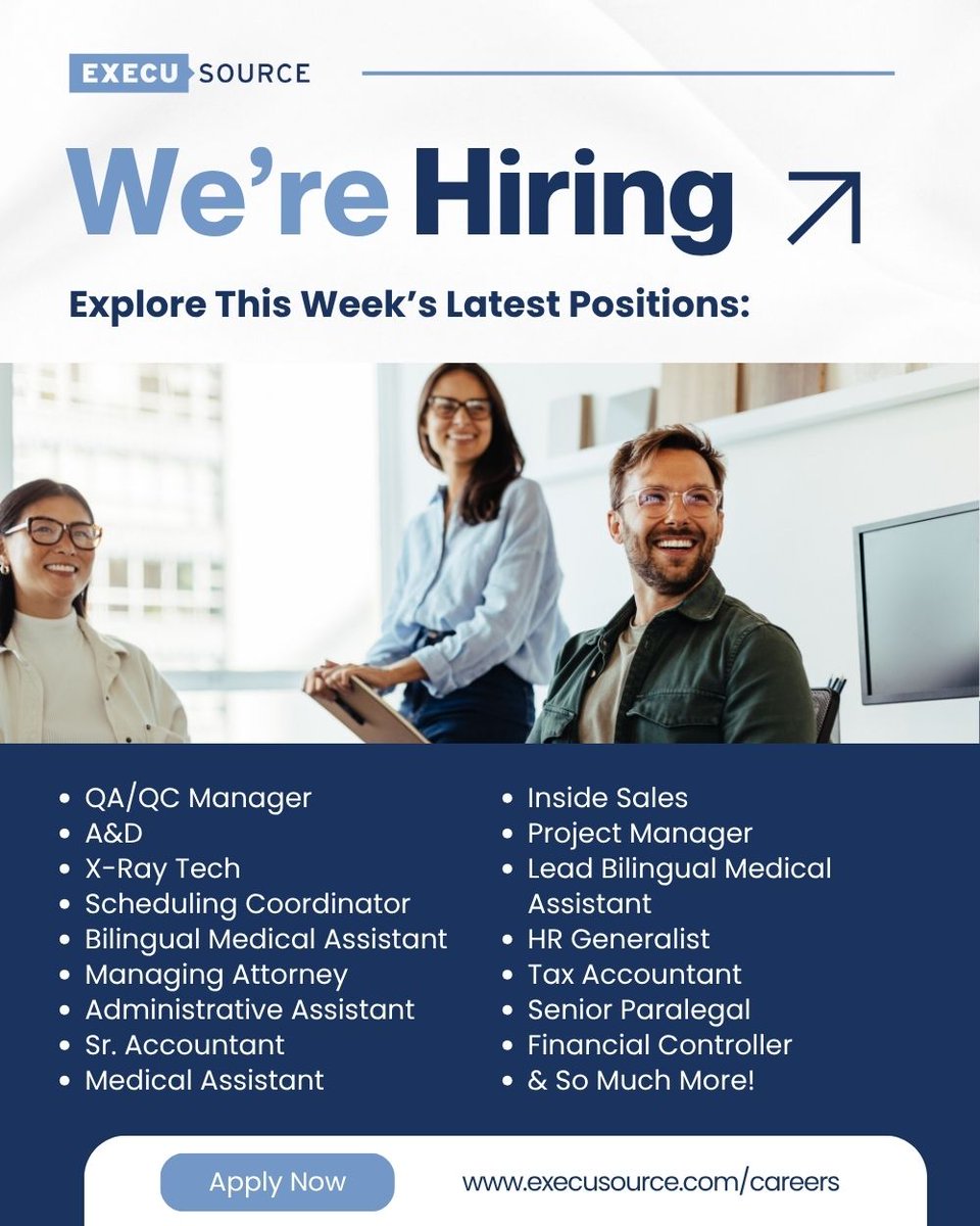 ExecuSource_'s tweet photo. Work is a big part of life, and finding the right role matters. Here are this week’s openings. If one of them speaks to you (or to someone you know), reach out!

Browse all openings here: https://t.co/hfQcLBDy1k

#ExecuSource #Hiring #Careers https://t.co/uKtWb1V6Dc