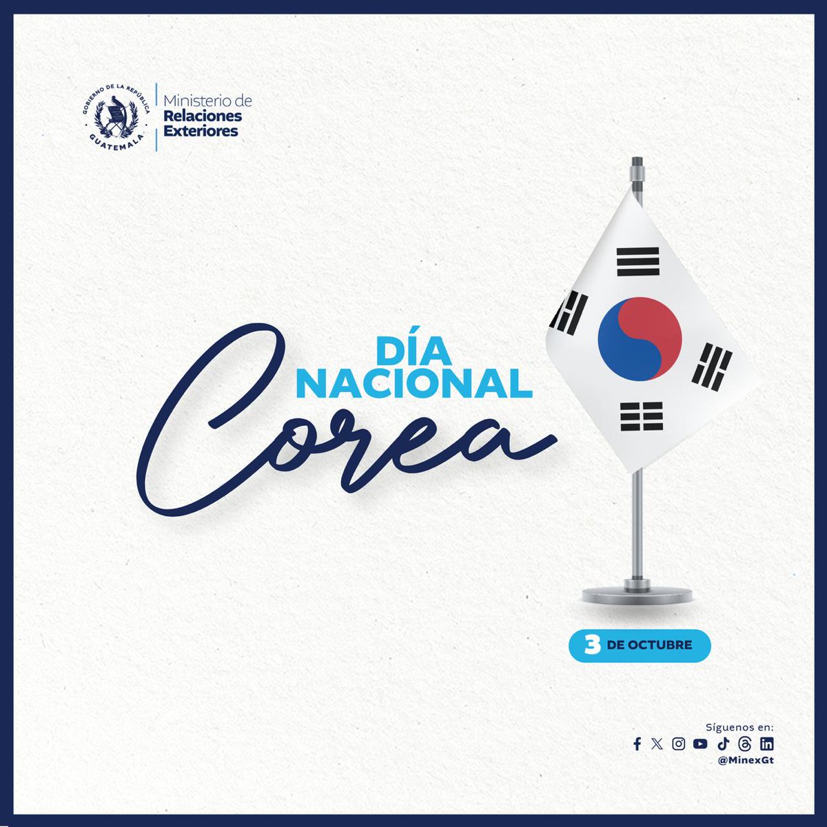 MinexGt's tweet image. 🇬🇹🤝🇰🇷 | Guatemala saluda y felicita al Pueblo y Gobierno de #Corea en ocasión de su Día Nacional.
#RelacionesConElMundo

@mofa_kr @MOFAkr_eng