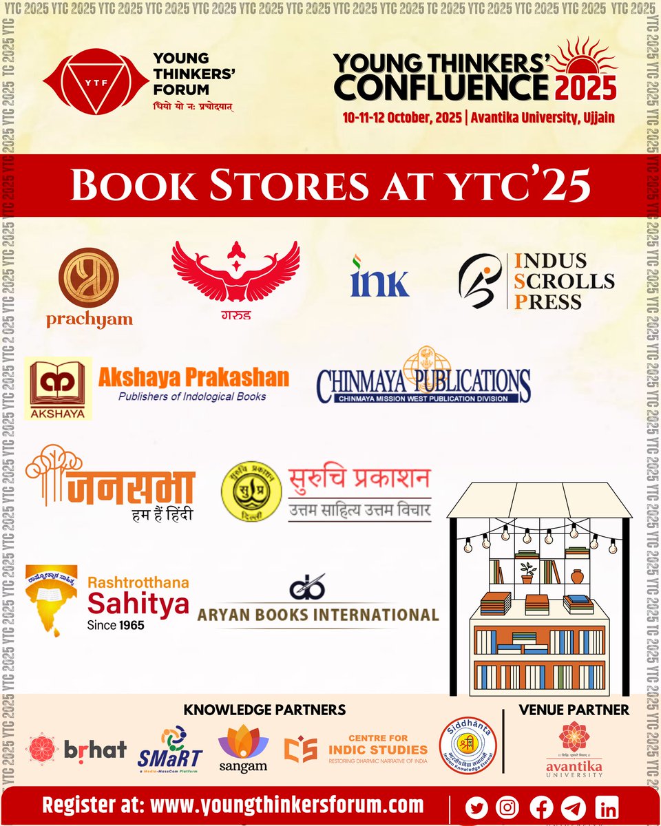 Ready to dive into a sea of knowledge? 📚
​Discover incredible titles and meet publishers at the Book Stores at YTC'25! From Prachyam and Garuda to Akshaya Prakashan, Chinmaya Publications, and many more—it's a paradise for thinkers and readers.

#YTC2025