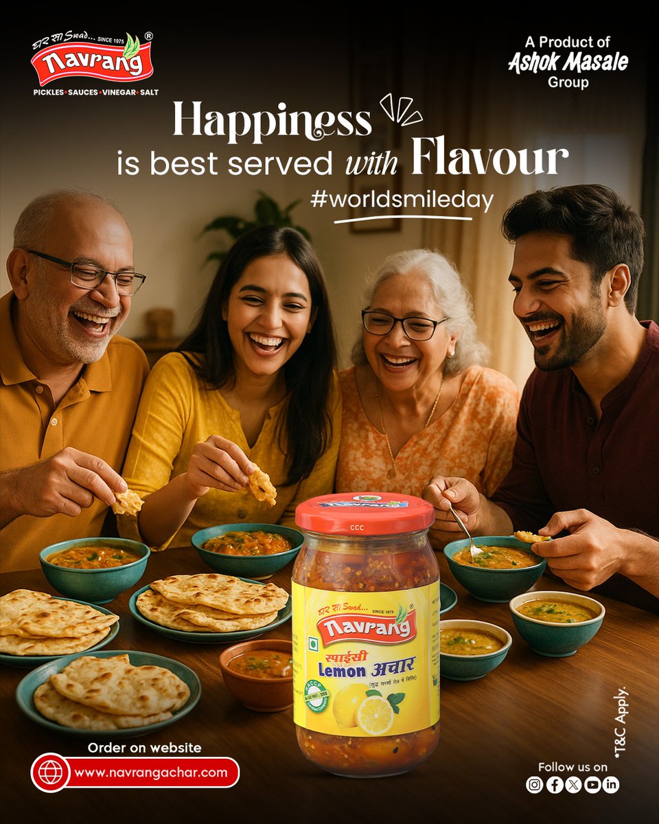 acharnavrang's tweet photo. Smiles get brighter when flavours are right! This #WorldSmileDay, let Navrang Achaars add that tangy twist to your meals and happiness.

Order now 👉 https://t.co/j6zq7rFkap
.
#NavrangAchar #IndianFood #Pickles #BestAchar #MixedAchar #AcharVariety #OrderNow #Happiness #HappyLife https://t.co/26jQHBjT78