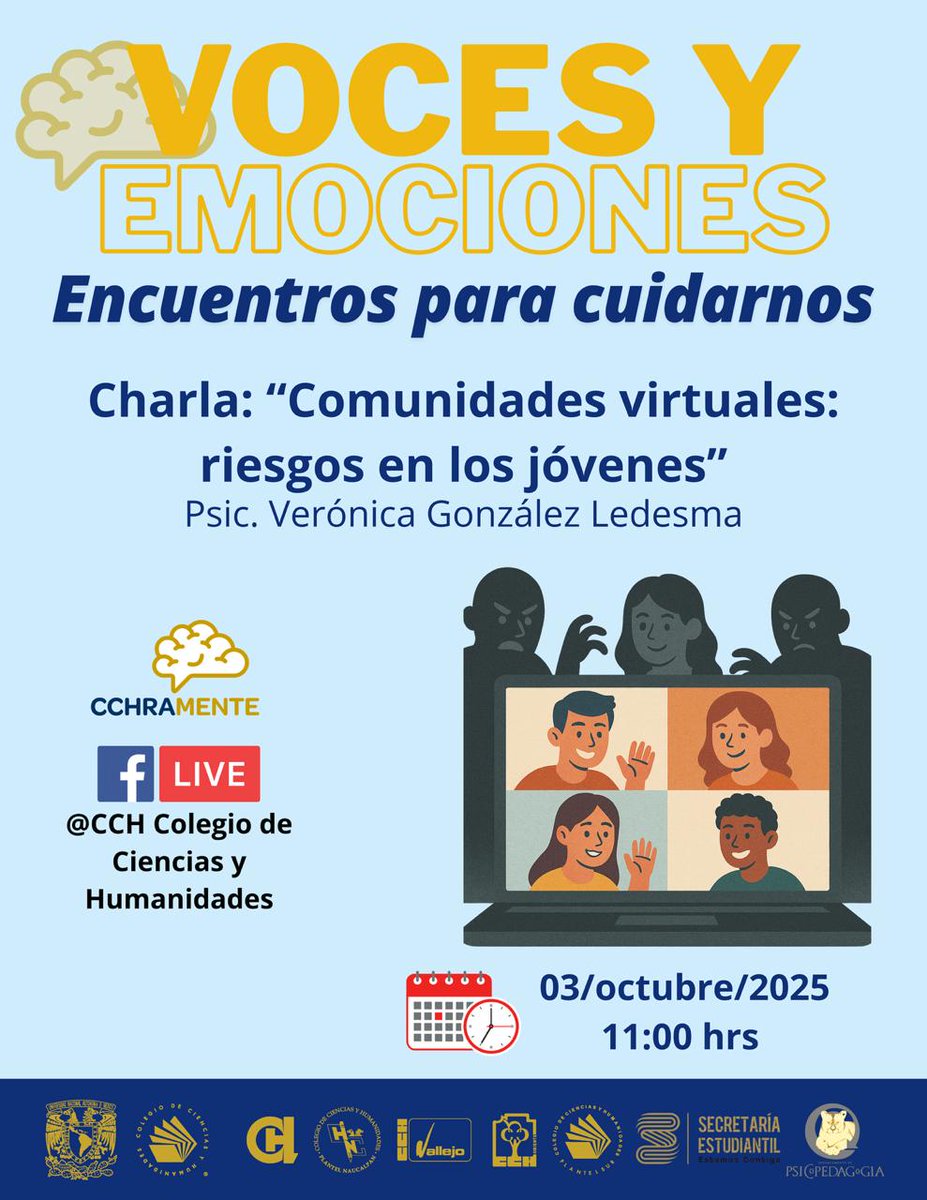 CCHUNAM's tweet image. #HOY

En el ciclo de charlas #VocesYEmociones | Encuentros para cuidarnos: 

&quot;Comunidades virtuales: riesgos en los jóvenes&quot;, con la psicóloga Verónica González.

⏰ 11:00 horas
Conéctate a nuestro #FBLive ⬇️⬇️

facebook.com/CCH.UNAM.Ofici…