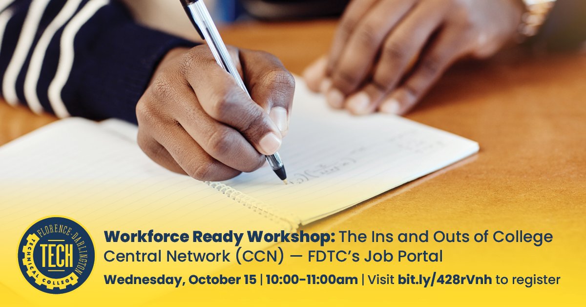 FloDar_Tech's tweet image. On October 15 from 10 to 11 a.m. in room 113 on the Main Campus join us for a Workforce Ready Workshop. We&apos;ll be discussing College Central Network, FDTC&apos;s Job Portal site. Learn how to use this great tool and what CCN has to offer job candidates. #FDTech #PeeDee #SouthCarolina
