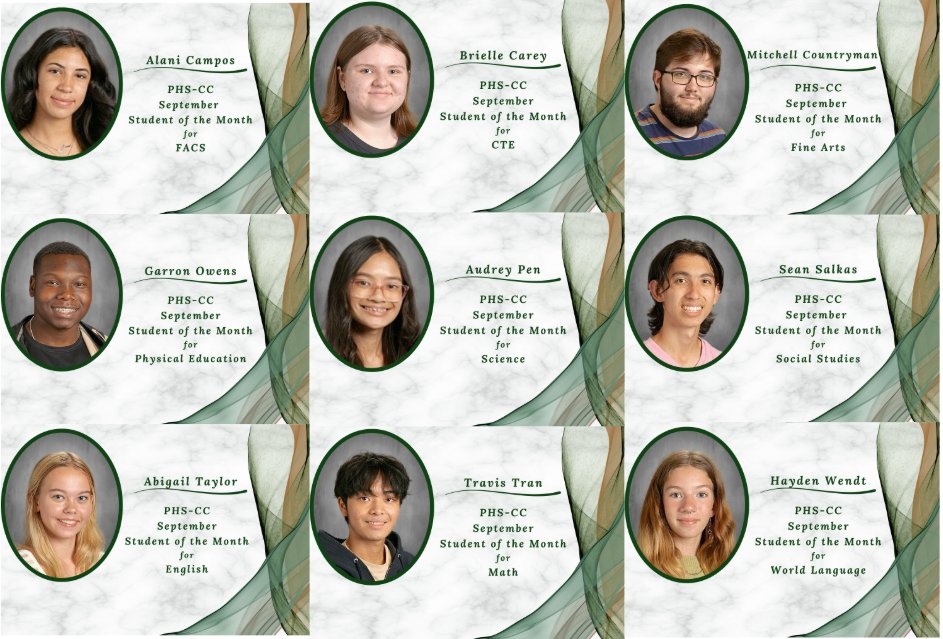 Plainfield High School is pleased to present our September Students of the Month! 

We want to thank these outstanding students for their hard work, leadership, and contributions to making PHS a great place to learn and work.

Great job, Wildcats!