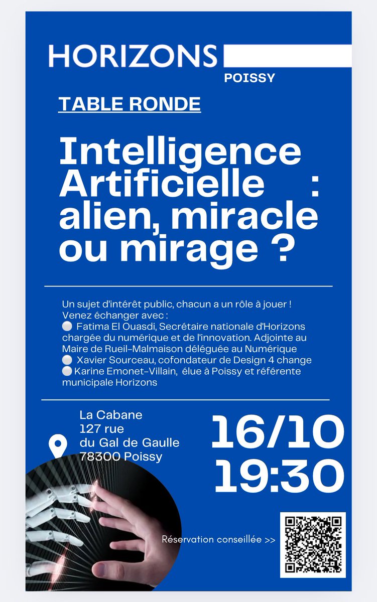 Très heureuse de partager le thème et la prochaine date de soirée <a href="/HorizonsLeParti/">Horizons</a> à <a href="/villepoissy/">Ville de Poissy</a> 🙌

INTELLIGENCE ARTIFICIELLE 🤖 
Alien, menace ou miracle ?
Partagez vos questionnements, partez avec de la matière à réflexion 💡

✅ inscription ouverte : forms.gle/p3Q7NeyjUcBLE8…