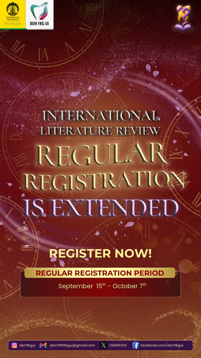 📢 INTERNATIONAL LITERATURE REVIEW REGULAR REGISTRATION IS EXTENDED‼️

🗓️ New Registration &amp; Submission Period:
September 15th – October 7th 2025
🔗 Register now at: 19thdsmfkgui2025.carrd.co

#fkgui #dsmfkgui2025