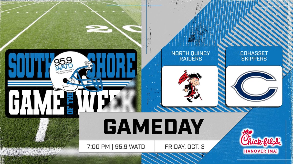 GAMEDAY!

One final non-league test, as <a href="/NQFootball/">North Quincy HS (MA) Football</a> (3-0) hosts <a href="/CohassetSports/">Cohasset Sports</a> (3-1) in our South Shore Game of the Week!

Tune into <a href="/959watdfm/">WATD-FM 🎙</a> tonight to catch all the action!

🕖 7:00 PM
📻 95.9 WATD

Stream every game online, powered by Chick-fil-A Hanover