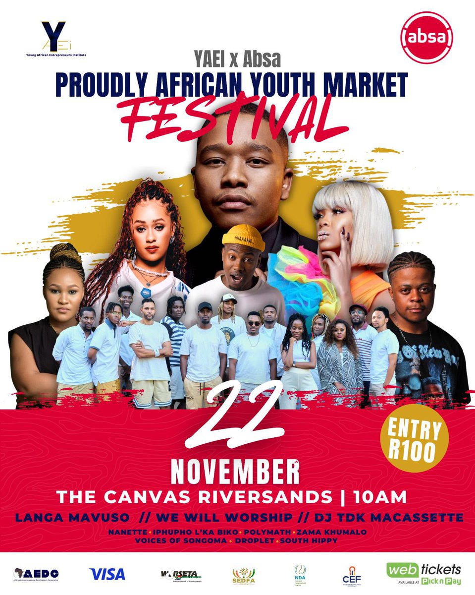 YAEINPC's tweet image. The wait is OVER! 🚨
#YEW2025 closes with the Proudly African Youth Market Festival 🎶✨

📍 The Canvas Riversands
🗓️ 22 Nov | 10AM till late
🎟️ R100 @ Webtickets &amp;amp; Pick n Pay

Lineup: @langamav @wwwmovement @tdkmacassette @officiallynanette Zama Khumalo + more!