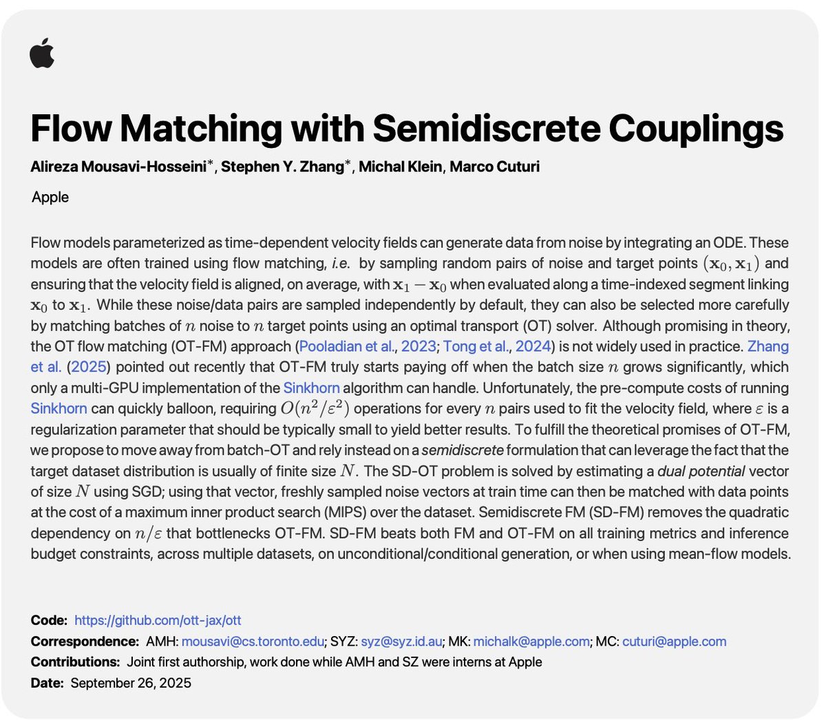 alirezamh_'s tweet image. Super excited to share what @stephenz_y and I’ve been up to during our internship at🍎:
Using optimal transport makes flows straighter and generation faster in flow matching, but small batch OT is biased and large batch OT is slow.
What to do? Use semidiscrete OT!
🧵