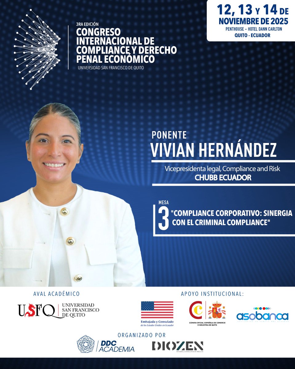 🔵 #CODPE2025     
¡Panelista confirmada! Vivian Hernández, Vicepresidenta legal, Compliance and Risk de
<a href="/Chubb/">Chubb</a>  

Mesa 3 "Compliance corporativo: sinergia con el criminal compliance".  

🔗Más info: ddcacademia.com/CODPE2025/Insc…