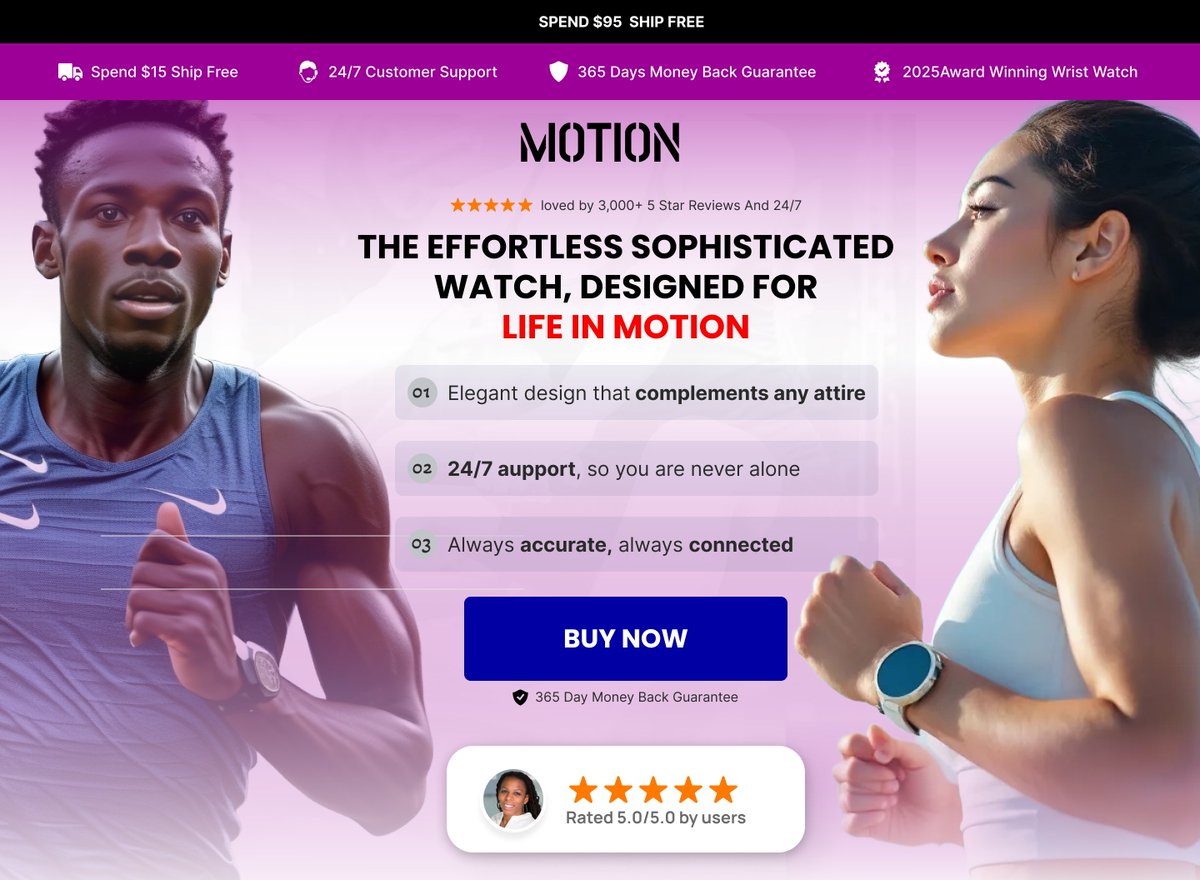 oyega001's tweet image. I designed this Hero section for a watch brand called &quot;MOTION,&quot;
My Strategy:
1. Reduce Risk (Make Guarantees Clear)
2. Focus on the Visitor
3. Ask Clearly (The Call to Action)
#uiux #conversionoptimization #figma #webdesign #digitalmarketing #shopify #saasbahauurbetiyaan